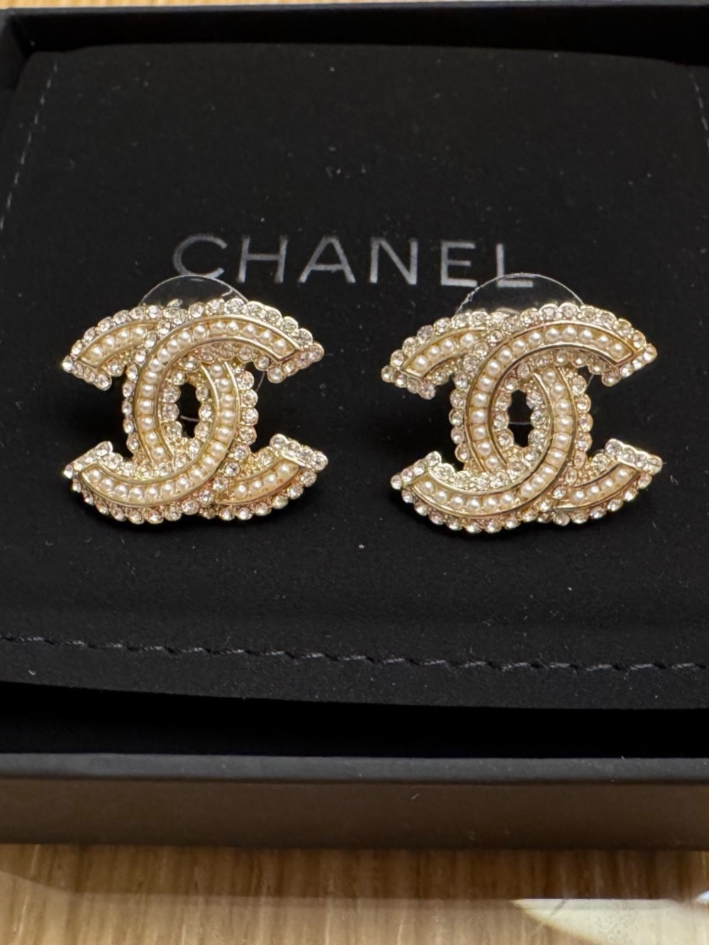 Limited Edition New Chanel Classic CC Logo Pearl, Crystal & Gold Stud Earrings